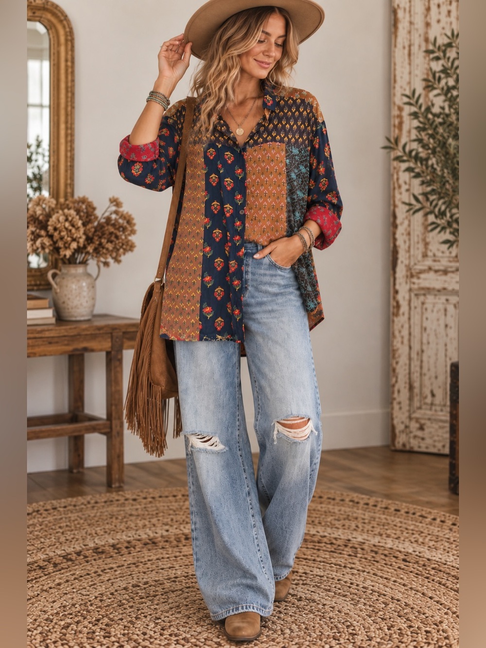 Sacred Threads NWT Patchwork Boho Button-Up Top L/XL